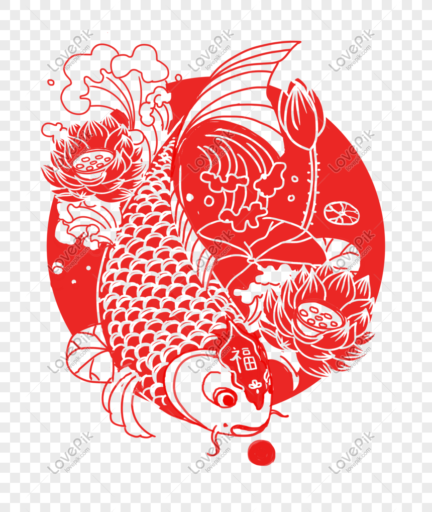 Ilustrasi Tahun Baru Cina Merah Ikan Mas Potong Kertas Gambar Ta