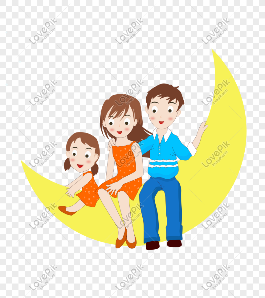 Ilustrasi Kartun Keluarga Lucu Tiga Duduk Di Bulan Png Grafik