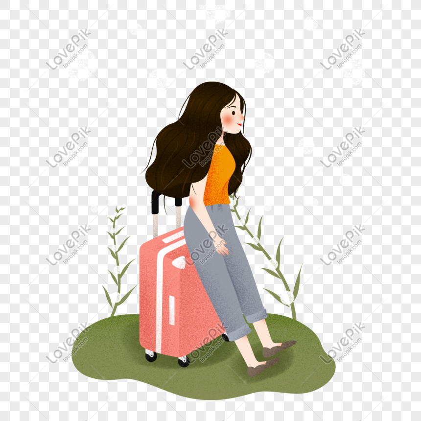 Watercolor girl luggage travel illustration, Watercolor girl luggage travel illustration, watercolor girl outdoor, watercolor luggage png transparent background