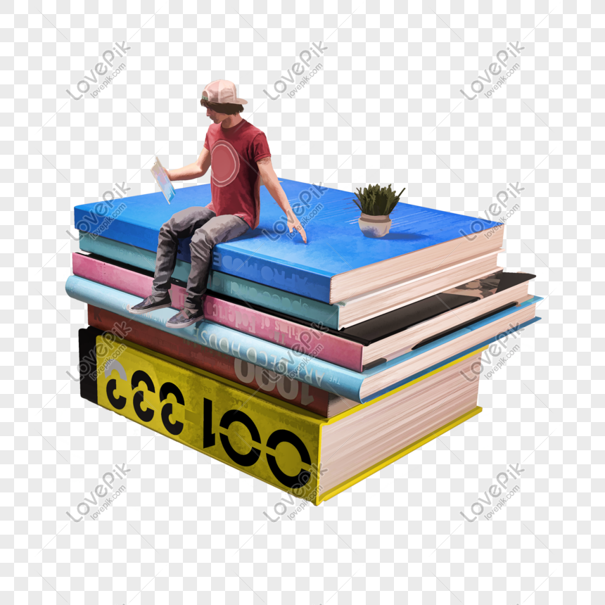 Hand Drawn Boy Sitting On Pile Of Books Reading A Book Png Image Psd File Free Download Lovepik