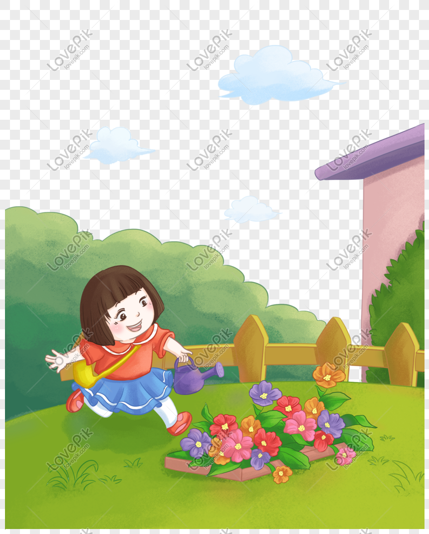 Cartoon hand-drawn hand holding watering kettle pupils flying wa, Hand-painted, cartoon illustration, primary school student png image