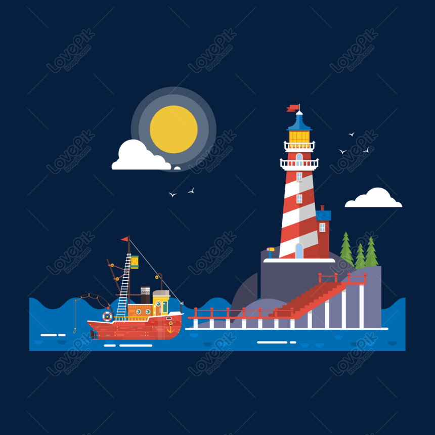 Cartoon cruise ship and lighthouse vector material, Lighthouse, cruise ship, cruise ship lighthouse png hd transparent image