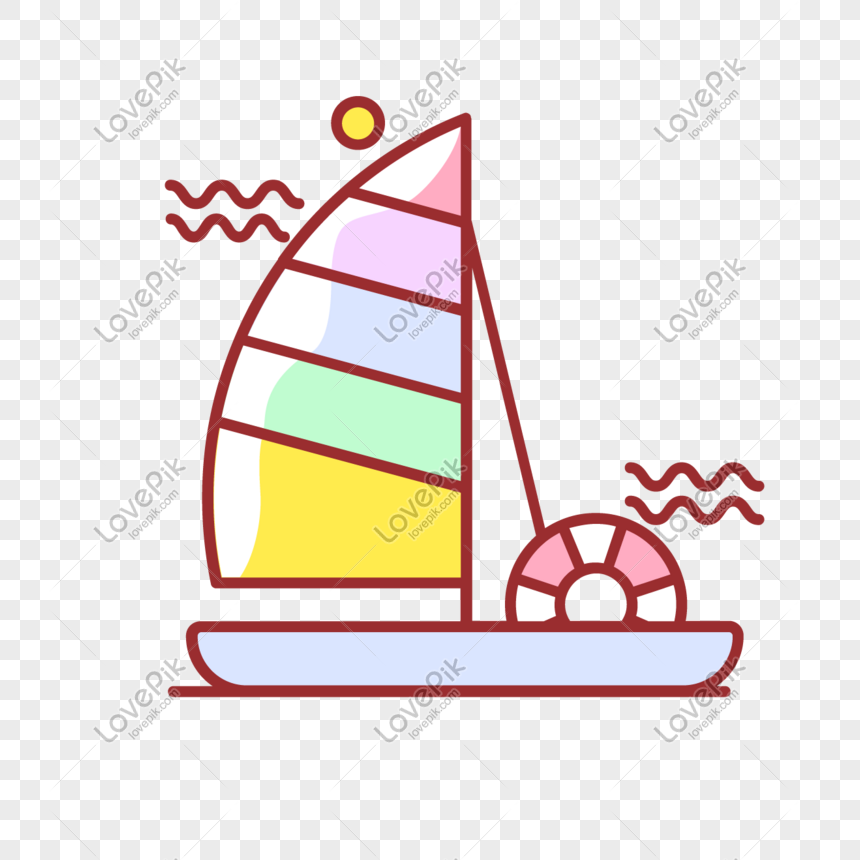 Summer cartoon beach sailboat surfing vector, Warm tones, summer cool, cartoon sailing png image