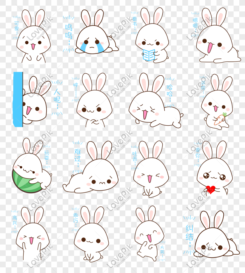 Cartoon Hand Drawn Little White Rabbit Emoticon Pack Set PNG ...
