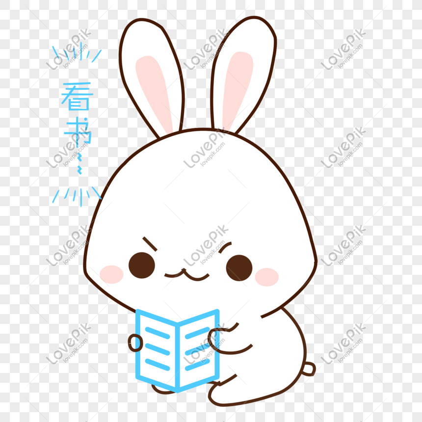 Cartoon Hand Painted White Rabbit Reading Book Learning Expressi ...