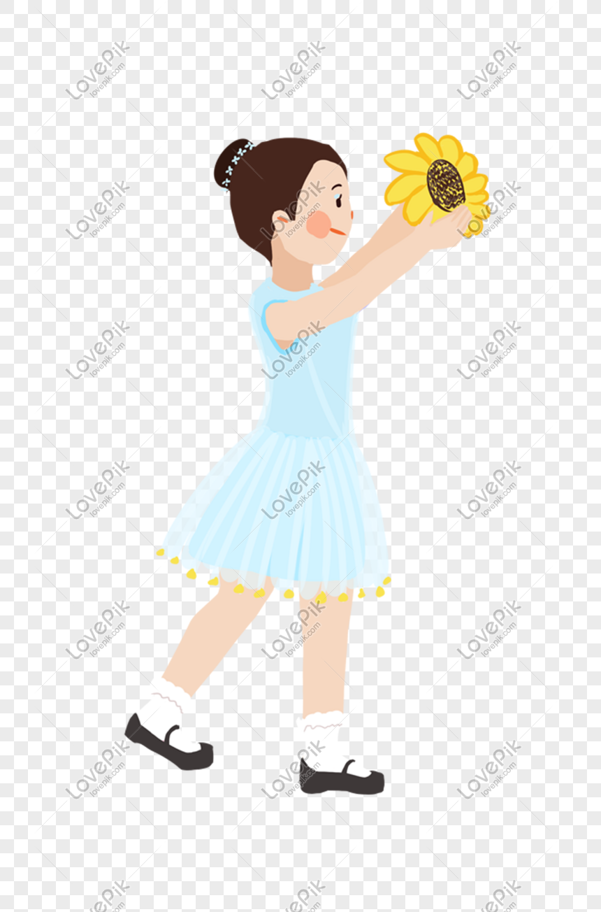 Ilustrasi Gadis Cantik Dengan Tangan Memegang Bunga Matahari PNG