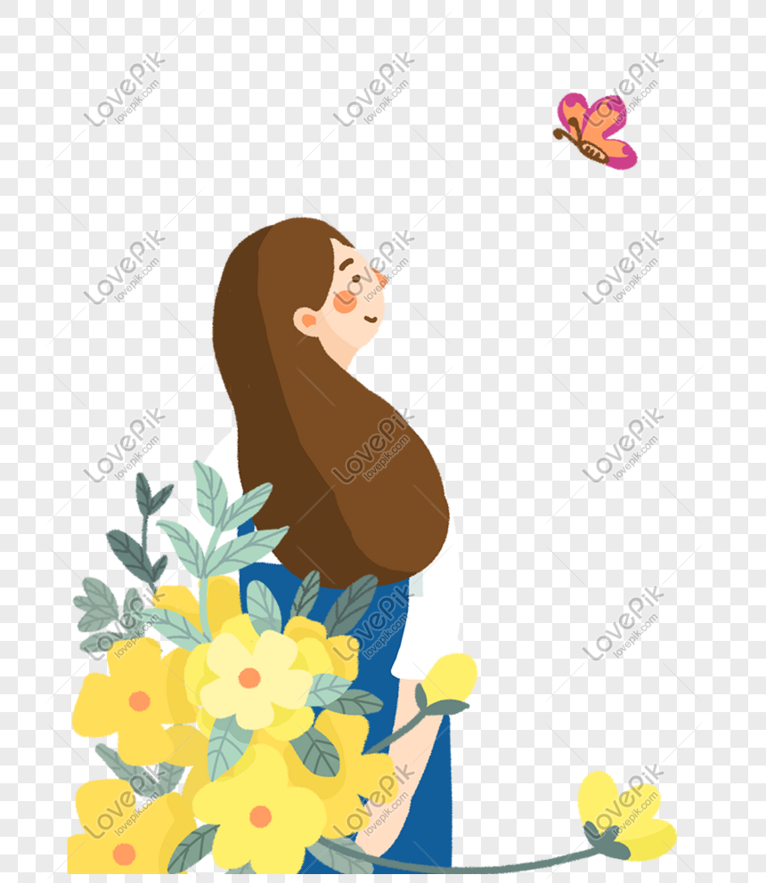 Ilustrasi Dekorasi Gadis Dan Bunga Kupu Kupu Png Grafik Gambar