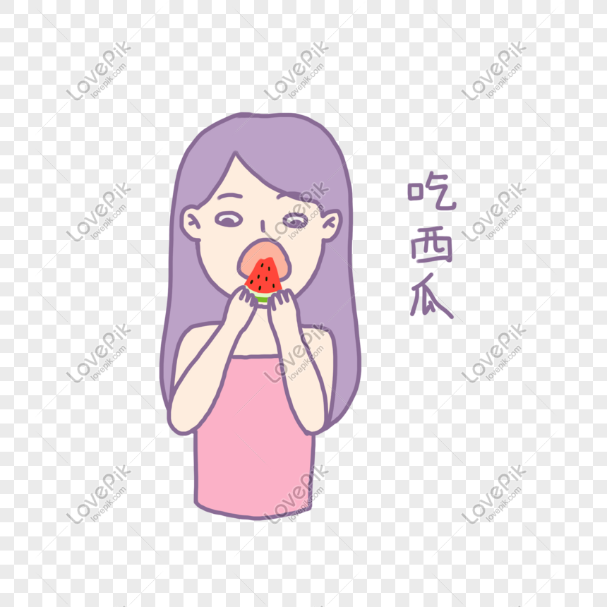 Summer cool hand drawn cartoon cute citron purple girl eating wa, Cool summer, cute little girl, sweet purple girl png hd transparent image