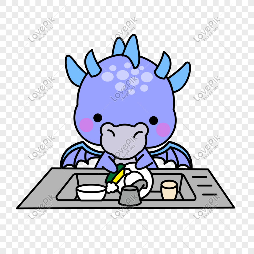 Hand-painted illustration Q version of the cute little dragon wa, Dishwashing, housework, small dragon png image
