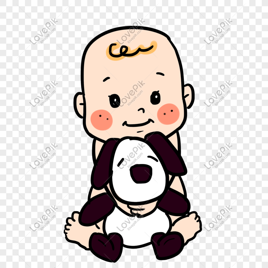 Baby Baby Holding Doll Cartoon Hand Drawn Illustration PNG ...