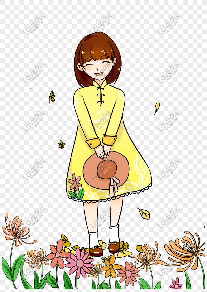 秋の黄色い服の女の子イラストイメージ グラフィックス Id
