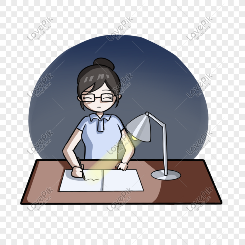 Illustration of female teacher preparing for teacher's day late , Teacher's Day, late night, lesson preparation png transparent background