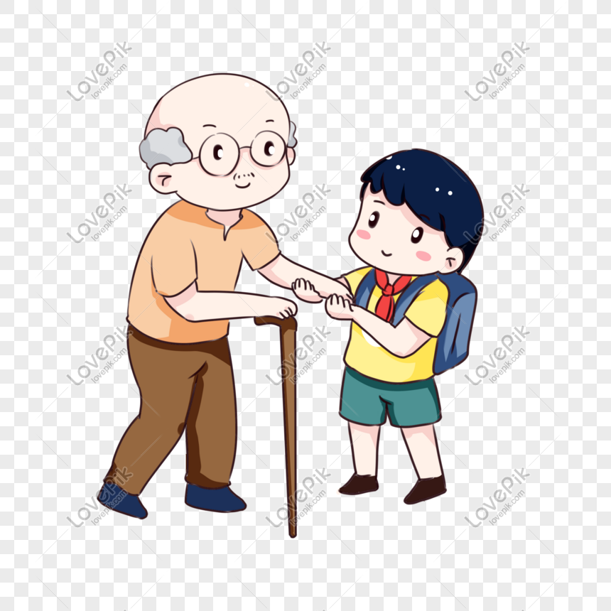 Hand drawn cartoon helping old man cross the road, Hand-painted cartoons help the elderly to cross the road, respect the old and love the young, help the elderly cross the road png hd transparent image