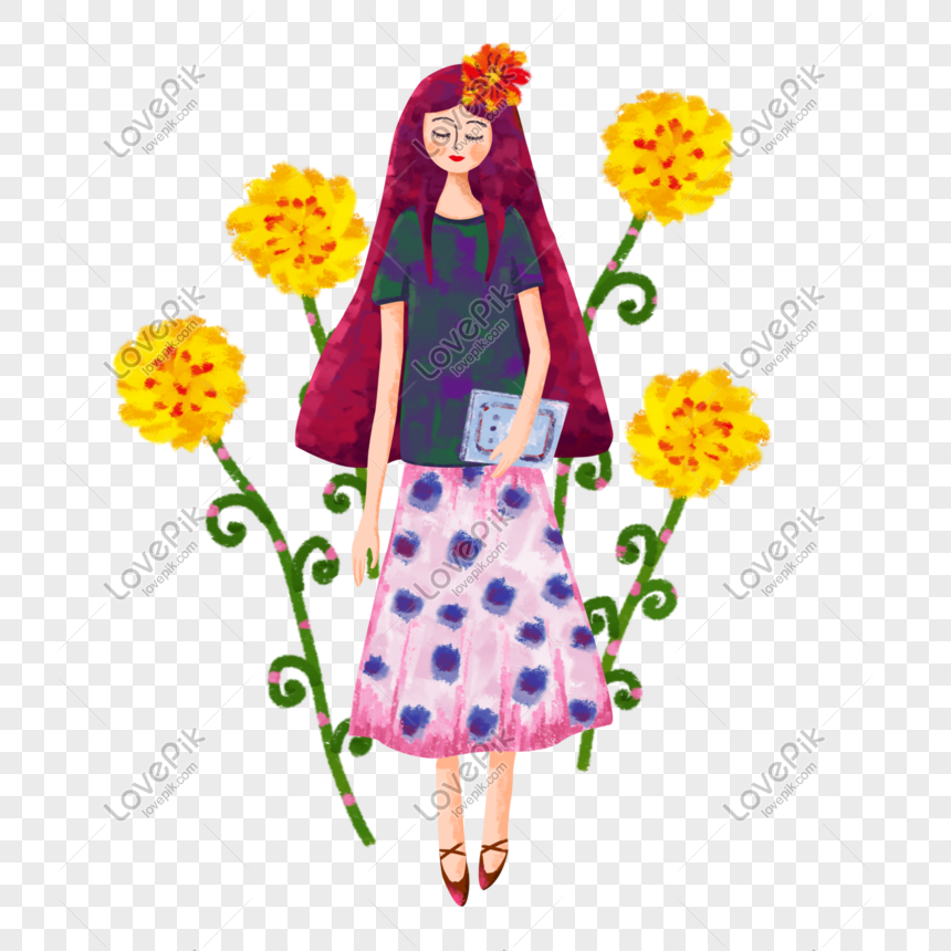 Hand-painted Girl Png Material In The Flowers, Hand-painted, Girl In ...