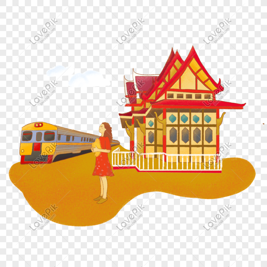 Hand drawn Thailand Hua Hin Railway Station Tourist girl , Railway station, hand-painted style, tourist attractions png image