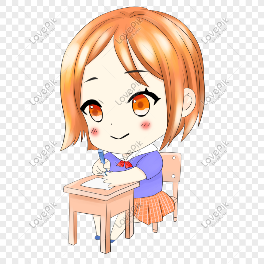 Hand-painted homework Q version girl PNG material, Hand-painted girl, hand-painted short hair girl, school png image