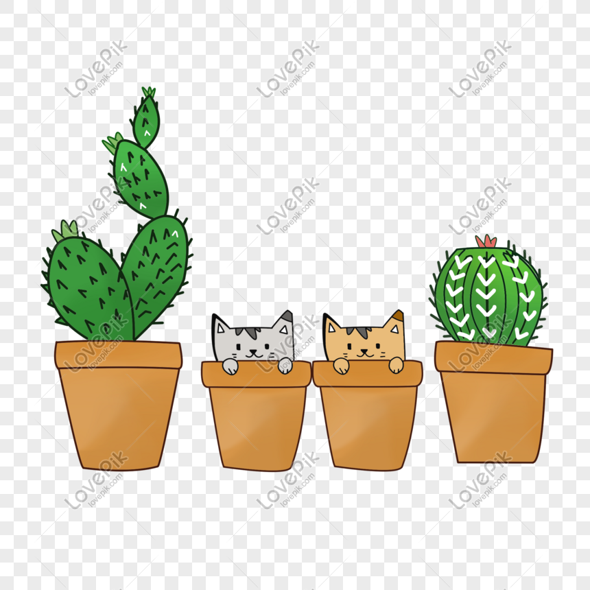 Cactus And Cat Hand Drawn Cartoon Illustration PNG Image And ...