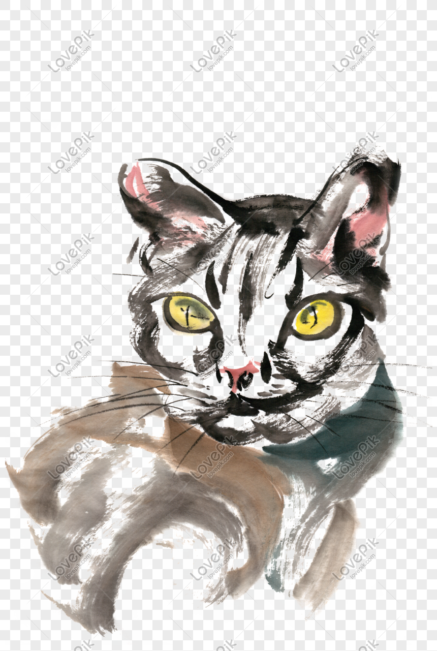 Kitten Animal Ink Painting Png Free Material, Ink, Chinese Painting ...