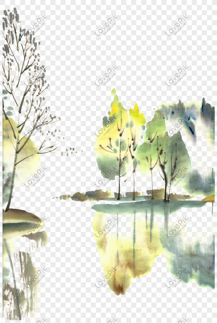 Tinta Lukisan Pemandangan Danau Bahan Png Gratis Png Grafik Gambar