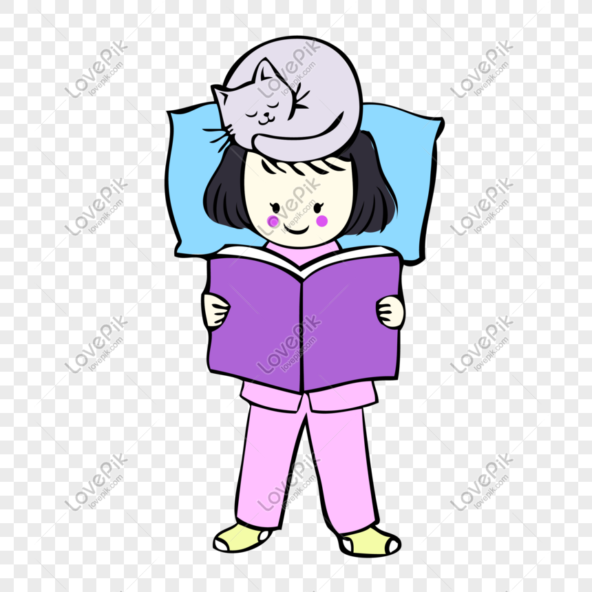 Cat Reading Book Pet Girl Cartoon Companionship PNG Transparent Image ...