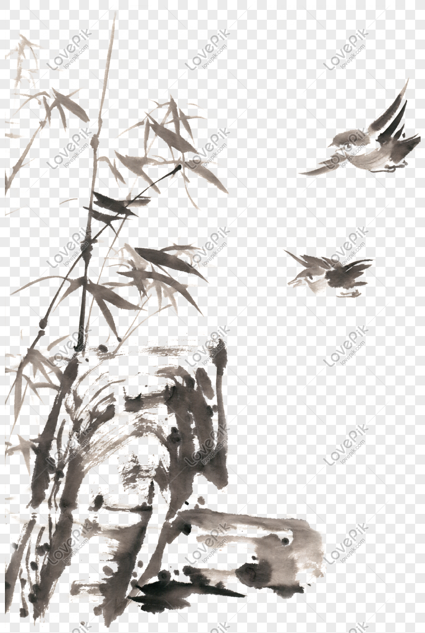 Bamboo Bird Ink Painting Png Free Material PNG Hd Transparent Image And ...