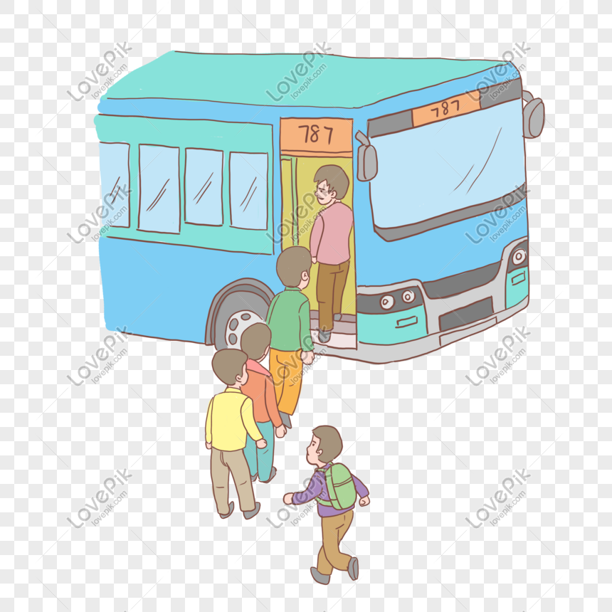 Travel lined up by bus hand drawn cartoon, Travel, travel, autumn tour png picture