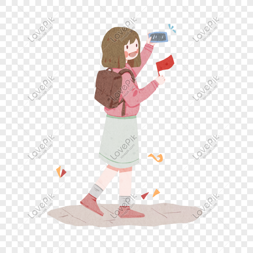 Hand drawn national day tourist girl illustration, Hand-painted National Day tourism, girls holding small flags, illustrations free png