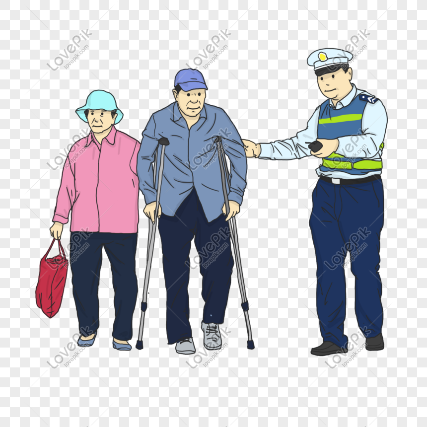 Policia De Trafico De Dibujos Animados De Guardia Con Un Anciano
