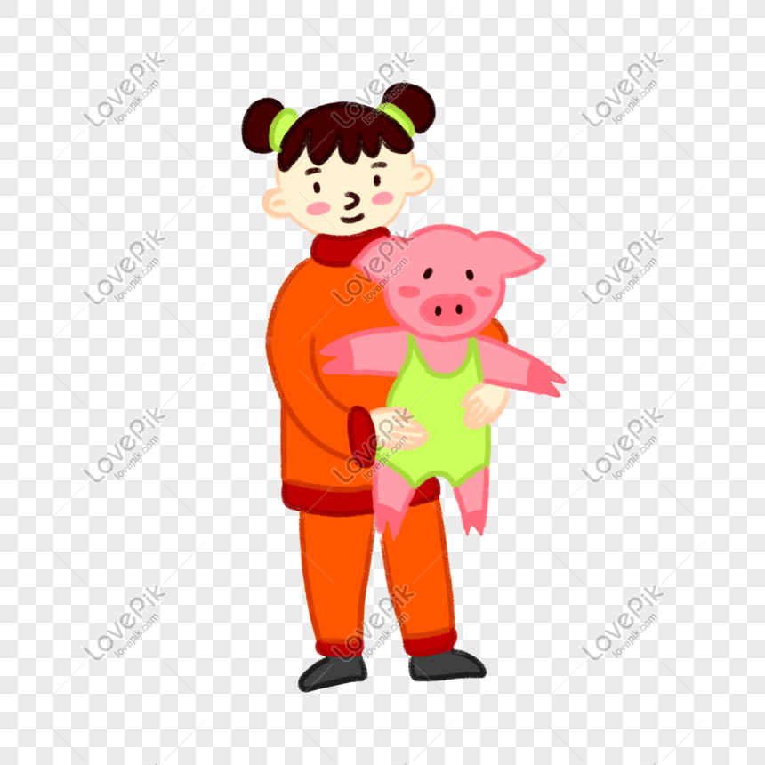 Hand Drawn Cartoon 2019 Pig Year Girl And Pig PNG Free Download And ...