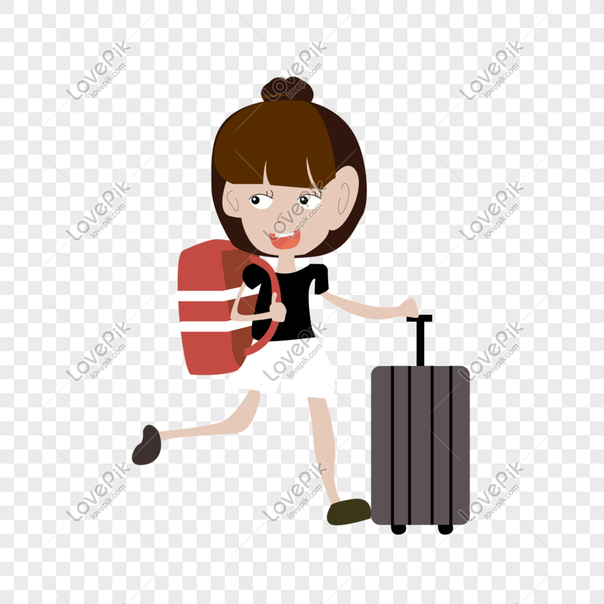 Tourist girl flat style travel, Travel, backpack luggage, cartoon girl free png