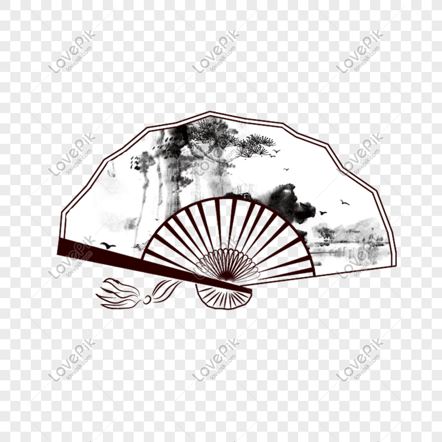 Ancient Chinese Wind Folding Fan Hand Painted Style PNG White ...