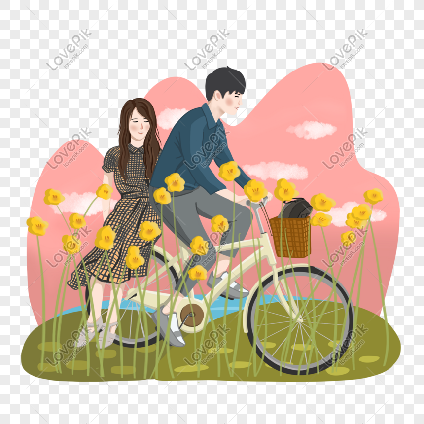 Couple cycling trip hand drawn cartoon, cycling tour, autumn tour, outing png transparent background