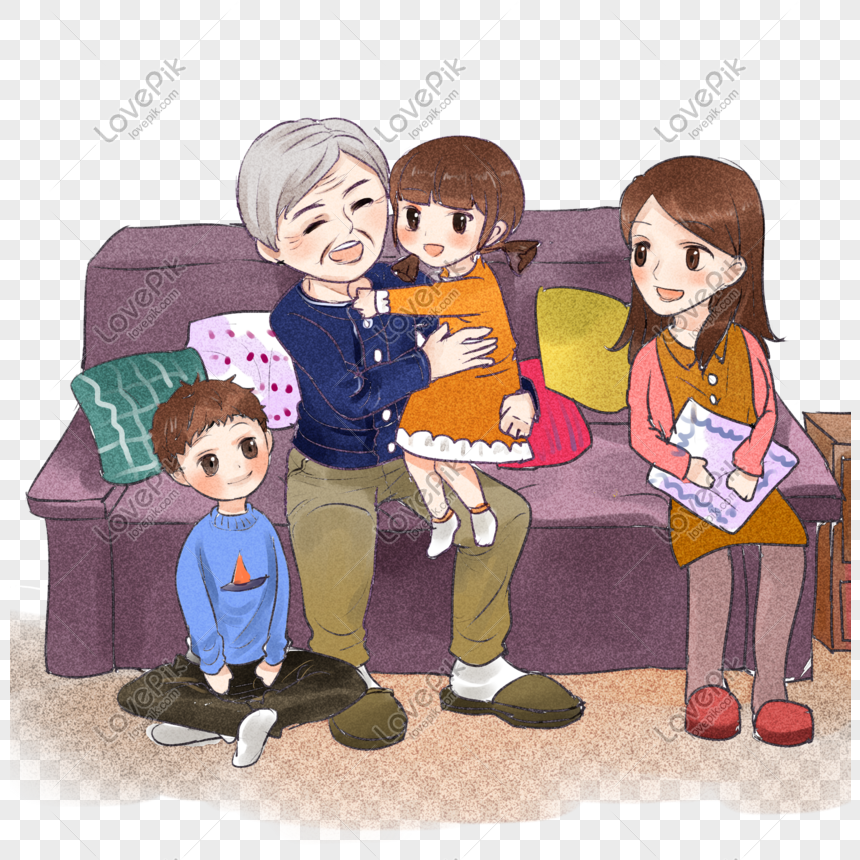  kartun  keluarga  tiga generasi yang dilukis dengan tangan 
