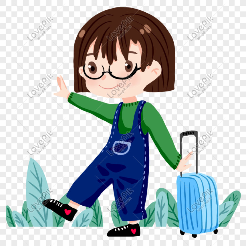 Pulling luggage tourist girl illustration, Holiday, vacation, luggage free png