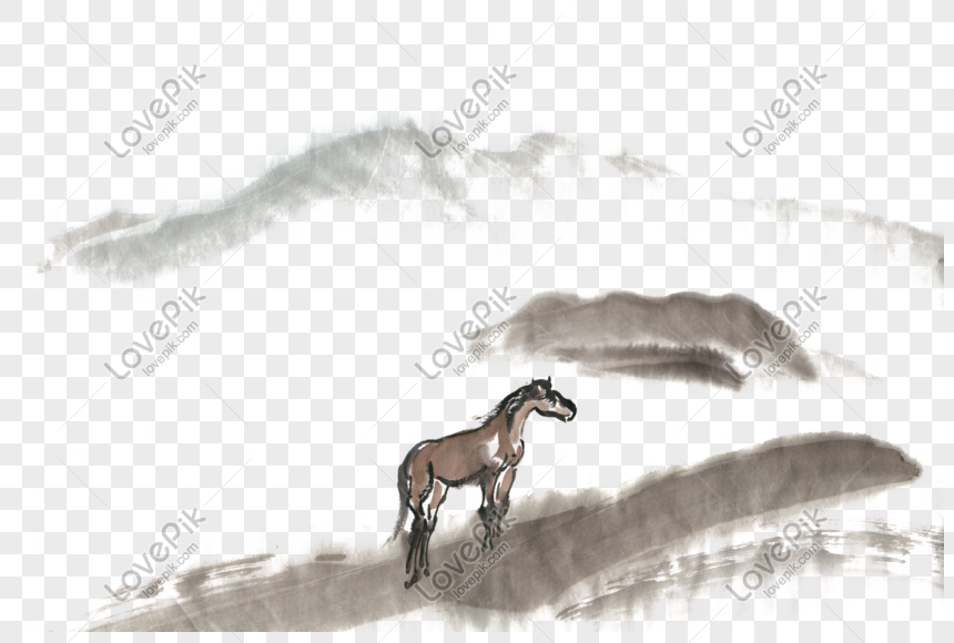 丘の中腹に孤独な馬の水墨画pngフリー素材イメージ グラフィックス Id Prf画像フォーマットpsd Jp Lovepik Com