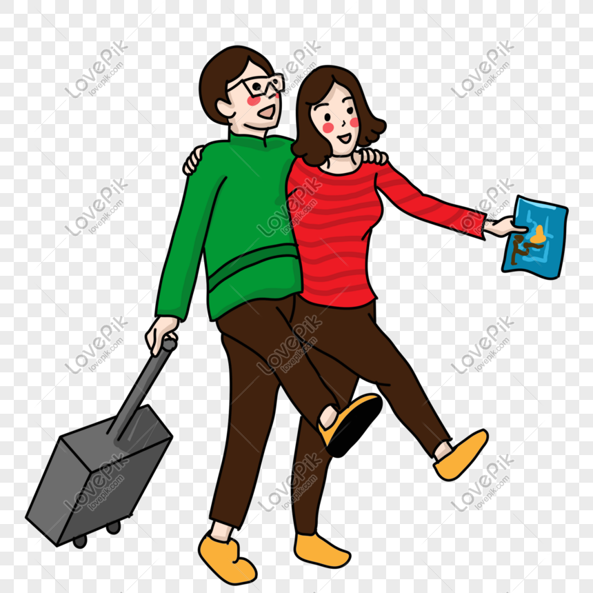 Fashion Couple Pulling Luggage Map Travel PNG Hd Transparent Image And ...
