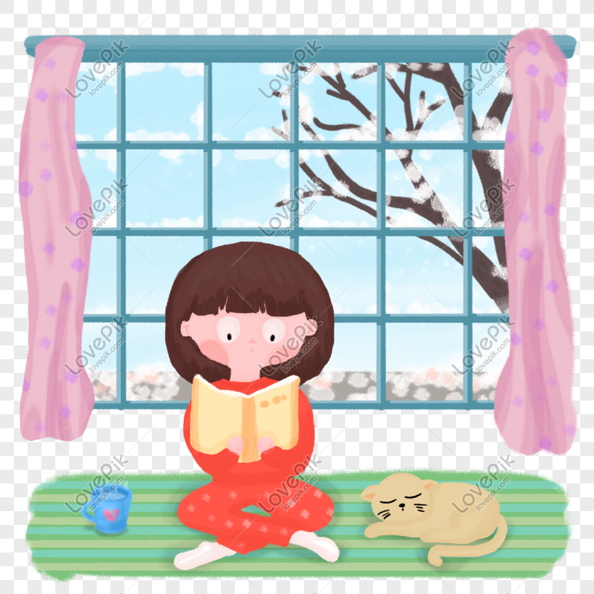 冬の冬の暖かい屋内の女の子を読む湯猫手描きイラストイメージ グラフィックス Id Prf画像フォーマットpsd Jp Lovepik Com