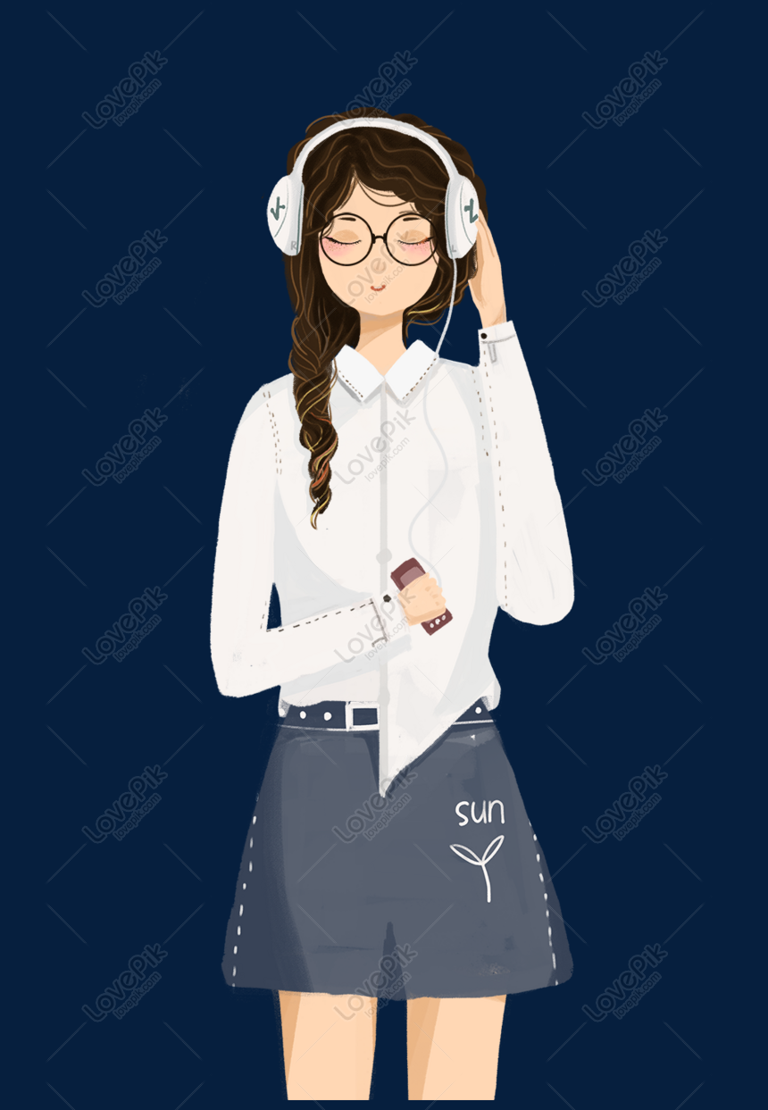 ilustración de dibujos animados de niña escuchando música Imagen