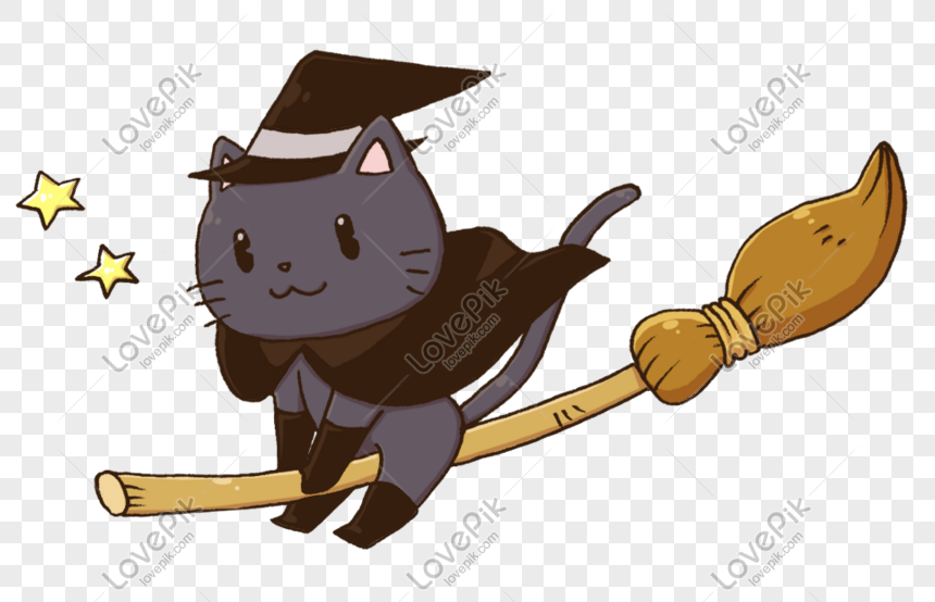 Cartoon Hand Drawn Halloween Broom Little Black Cat Wizard Free PNG And  Clipart Image For Free Download - Lovepik | 611370599
