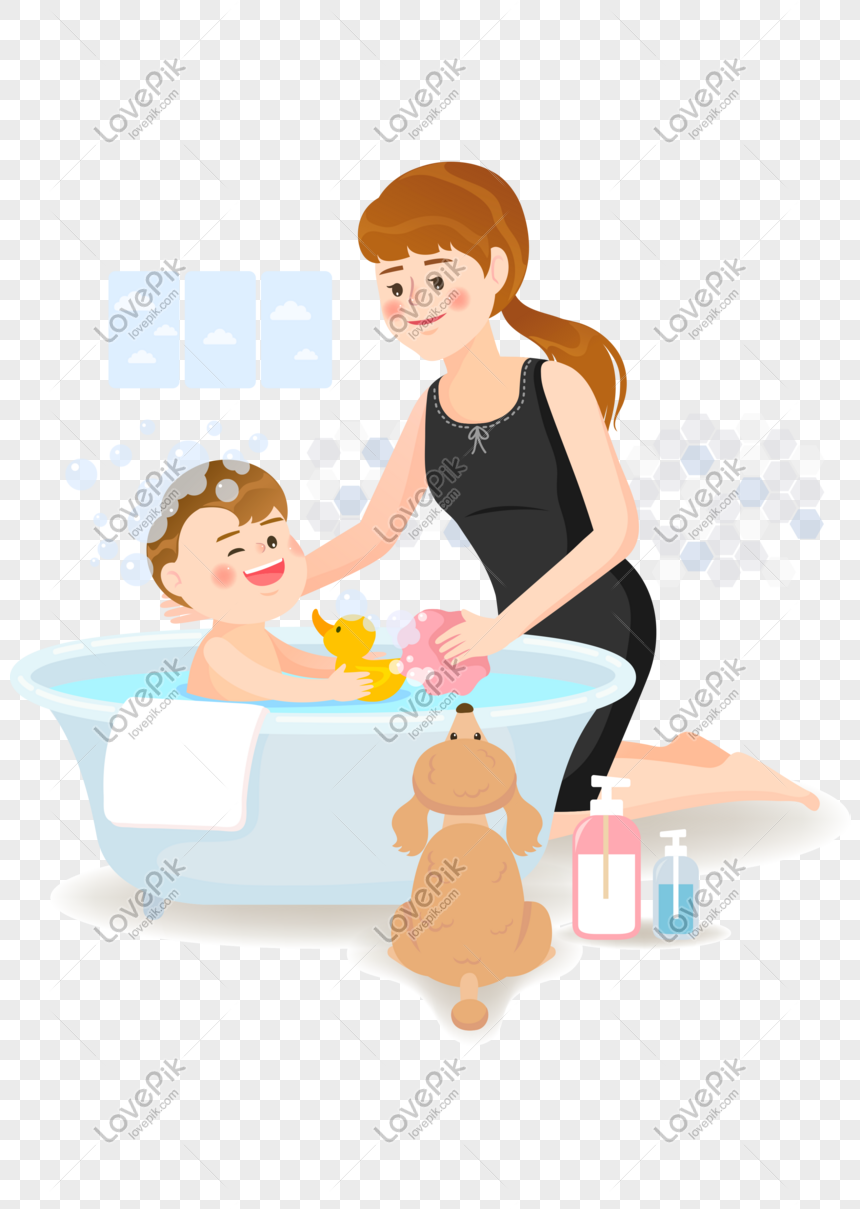 Ilustrasi Ibu Dan Anak Mandi Saat Bahagia Vektor PNG Grafik Gambar