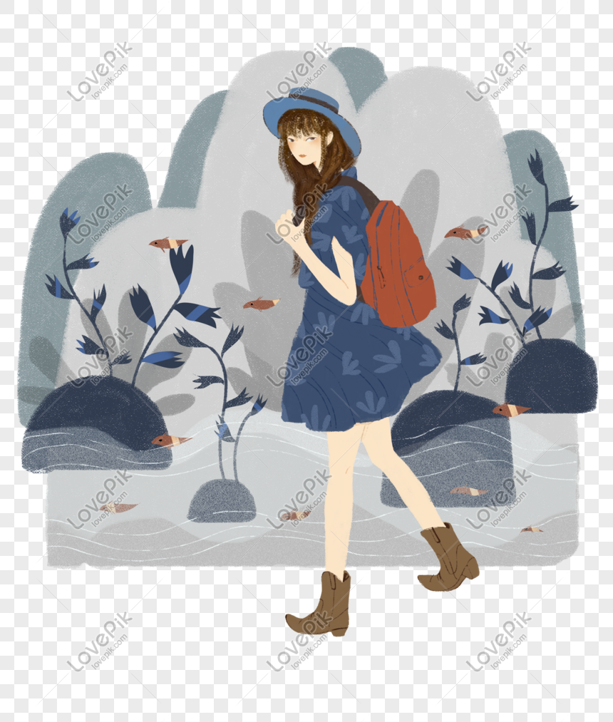 Hand drawn backpack tourist girl character illustration, Hand drawn, backpack, tourism png image