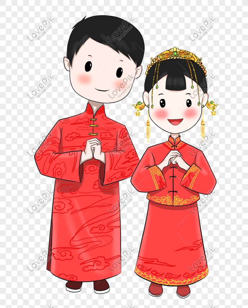 Chinese Wedding Couple Hand Drawn Illustration PNG Image And Clipart ...