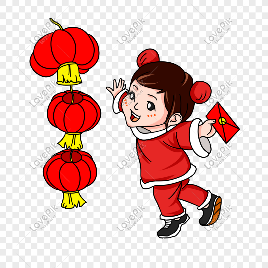 Hanging Lantern Girl Hand Drawn Cartoon Illustration PNG Transparent ...