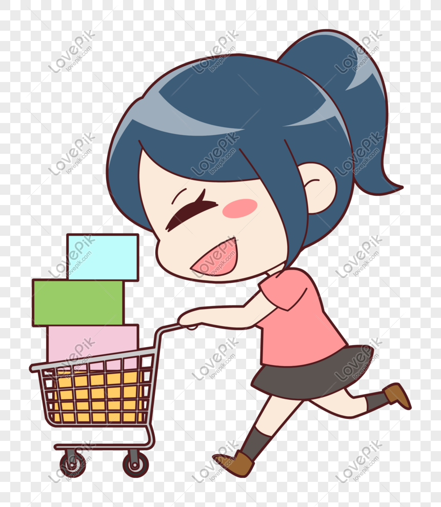 Cartoon Double Eleven Mall Shopaholic Hand Drawing Q Version Cha PNG ...