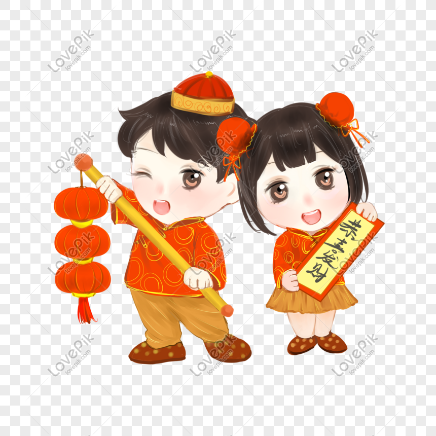 Hand Painted Golden Boy And Girl To Send Blessings PNG Picture And ...