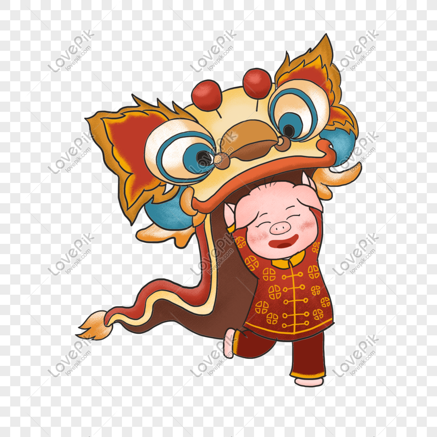 Chinese Style Golden Pig Lion Dance Illustration PNG Transparent And ...