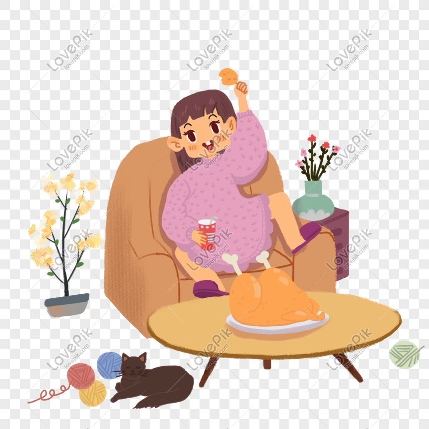 Hand Drawn Thanksgiving Character Illustration, Flower Pot, Sofa, Table ...