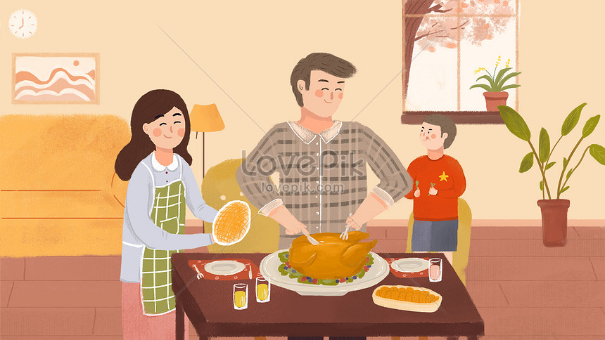 感謝祭の家族トルコディナー小さな新鮮な癒しのイラストイメージ 図 Id Prf画像フォーマットjpg Jp Lovepik Com