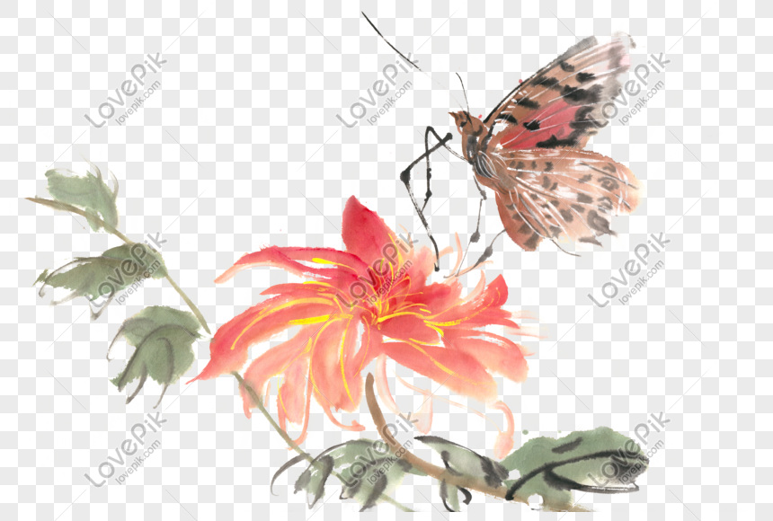 蝶と紅花の水墨画pngフリー素材イメージ グラフィックス Id Prf画像フォーマットpsd Jp Lovepik Com