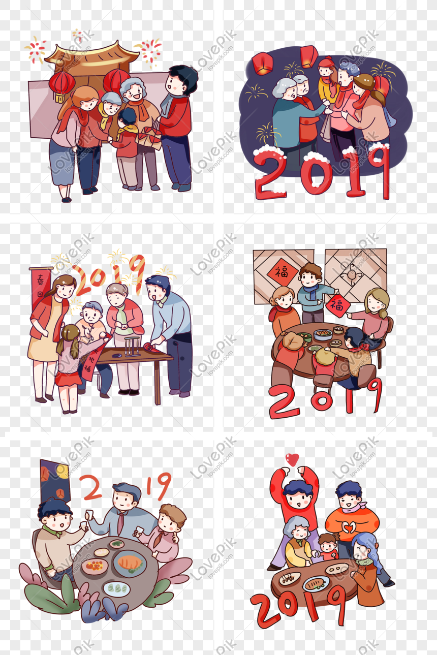 Hand Drawn Cartoon 2019 New Year Set Illustration PNG Free Download And ...